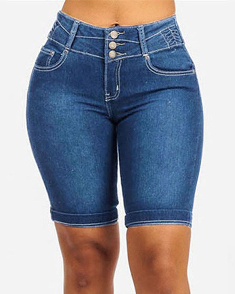 

Twist Detail High Waist Buttoned Denim Shorts, Dark blue