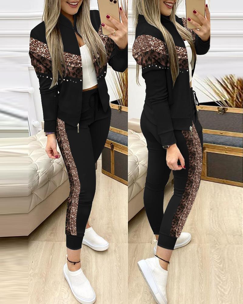 

Contrast Leopard Long Sleeve Zip Up Jacket & Pants Set, Black