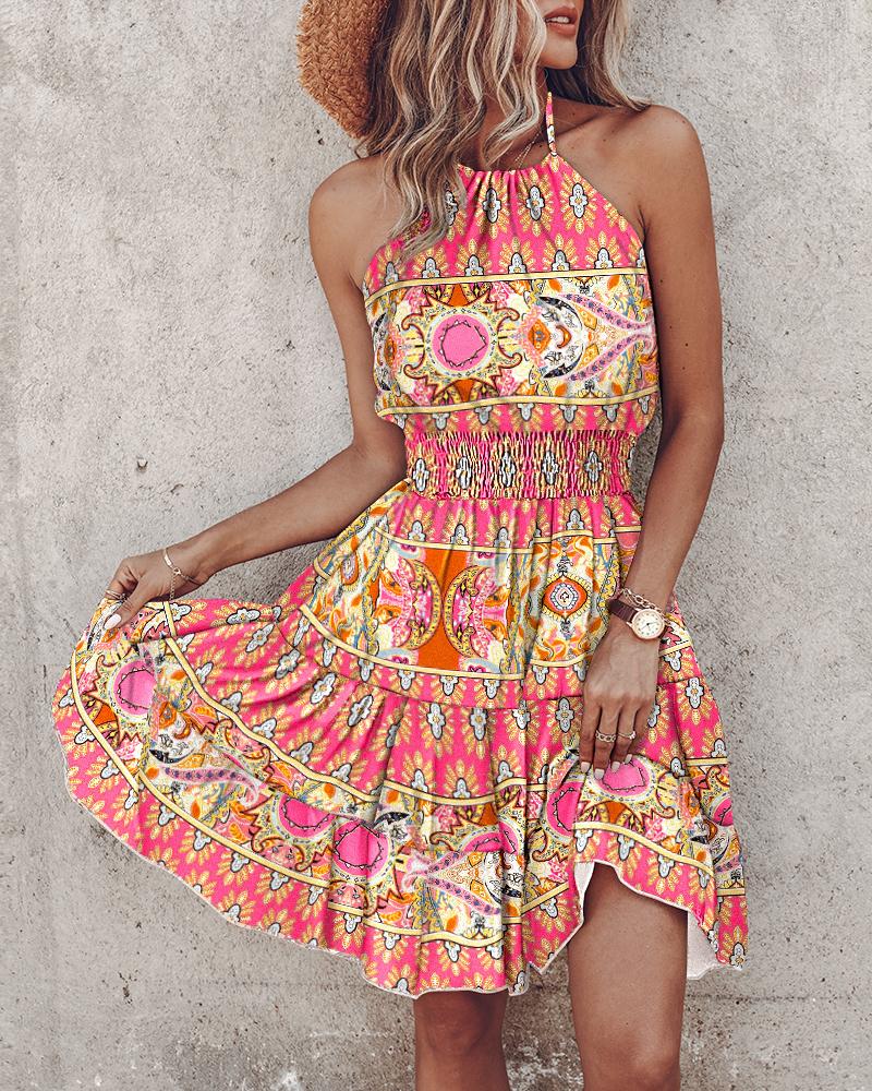 

Tribal Print Halter Backless Shirred Dress, Pink