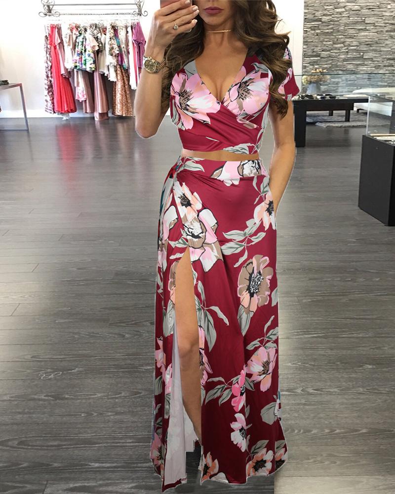 

2 Piece Set Floral High Slit Dress, Wine red