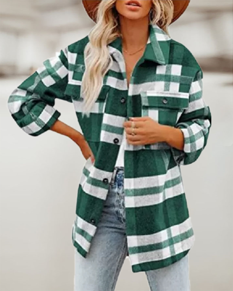 

Plaid Print Pocket Design Button Front Shacket, Green