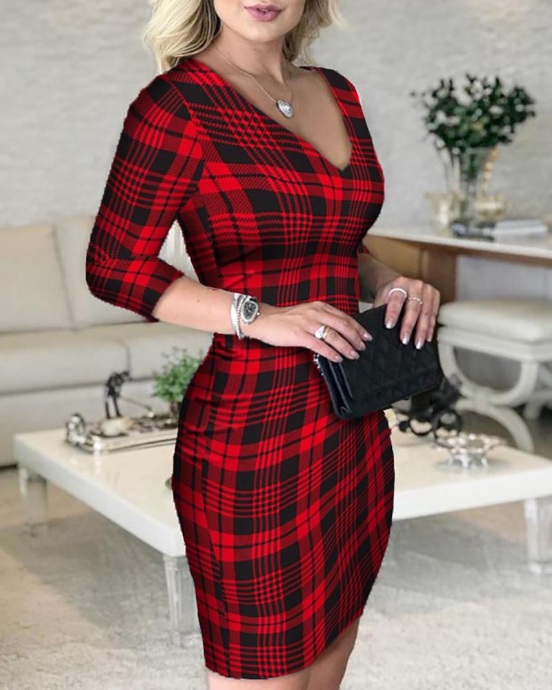 

Plaid Plunge Long Sleeve Bodycon Women Dress, Red