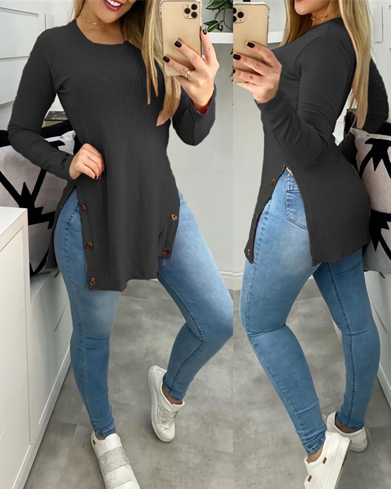 

Button Design Slit Long Sleeve Ribbed Top, Black