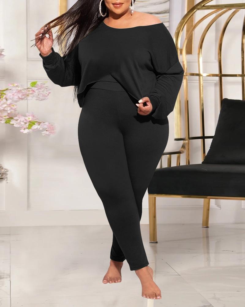 

Plus Size Long Sleeve Asymmetrical Hem Top & Pants Set, Black