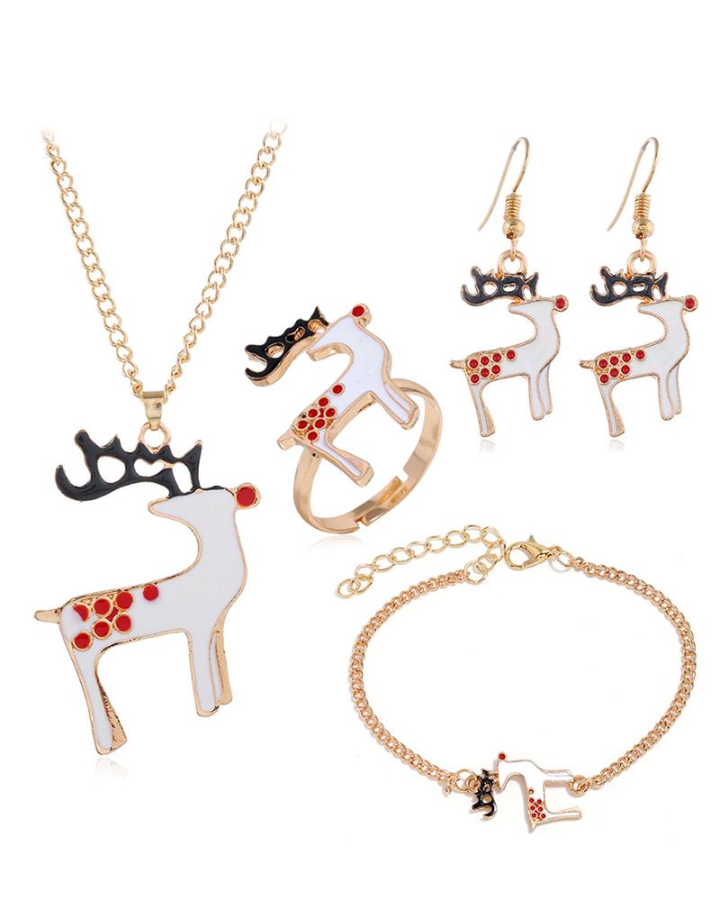 

4PCS Christmas Tree Snowflake Santa Clause Reindeer Jingle Bell Necklace & Earrings & Ring & Bracelet Jewelry Set, Style3