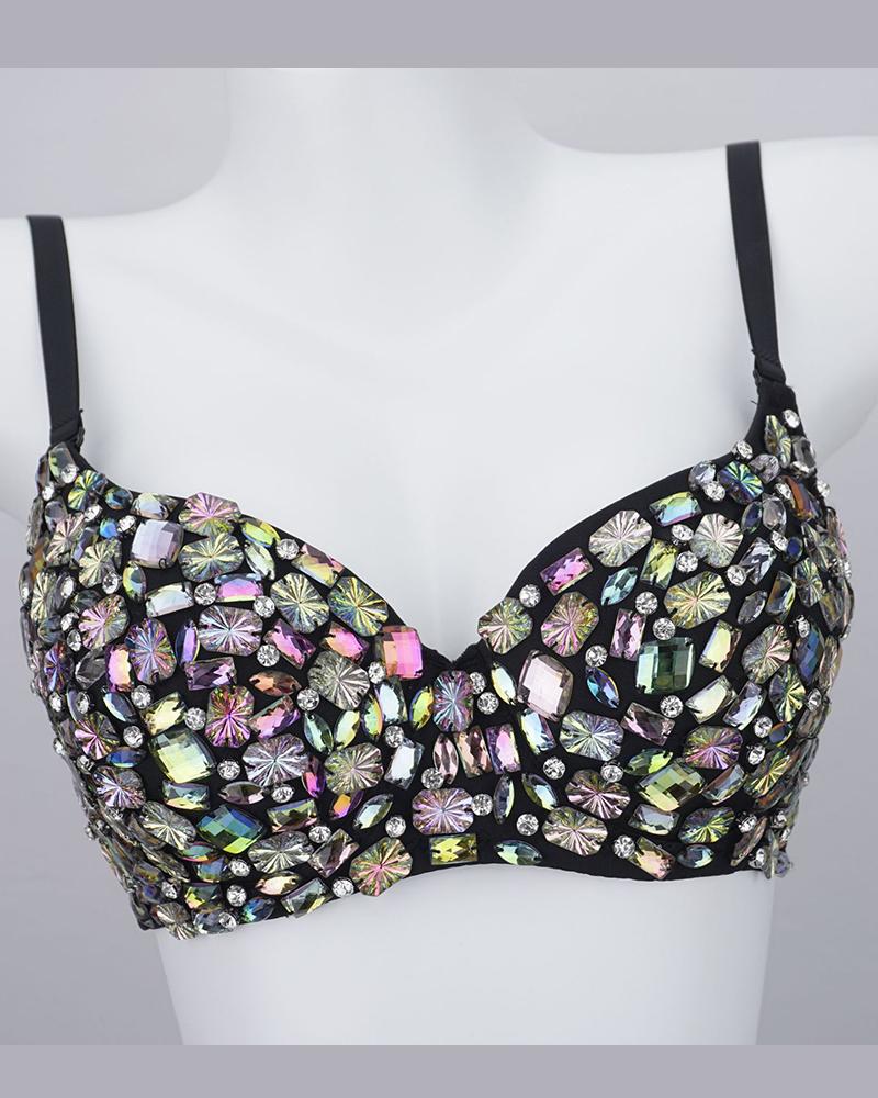 

Colorful Gem Stone Decor Crop Top, Black