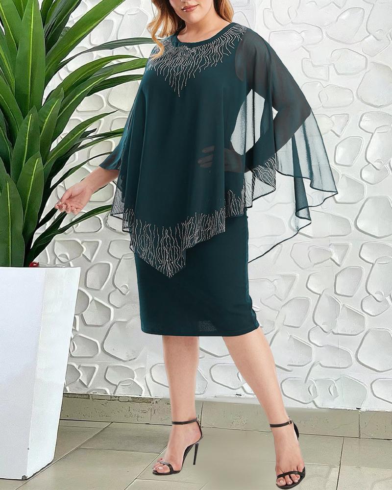 

Plus Size Rhinestone Sheer Mesh Cloak Design Midi Dress, Green