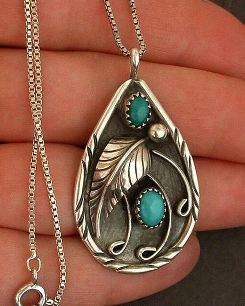 

1pc Bohemian Feather Turquoise Waterdrop Pendant Necklace, Silver