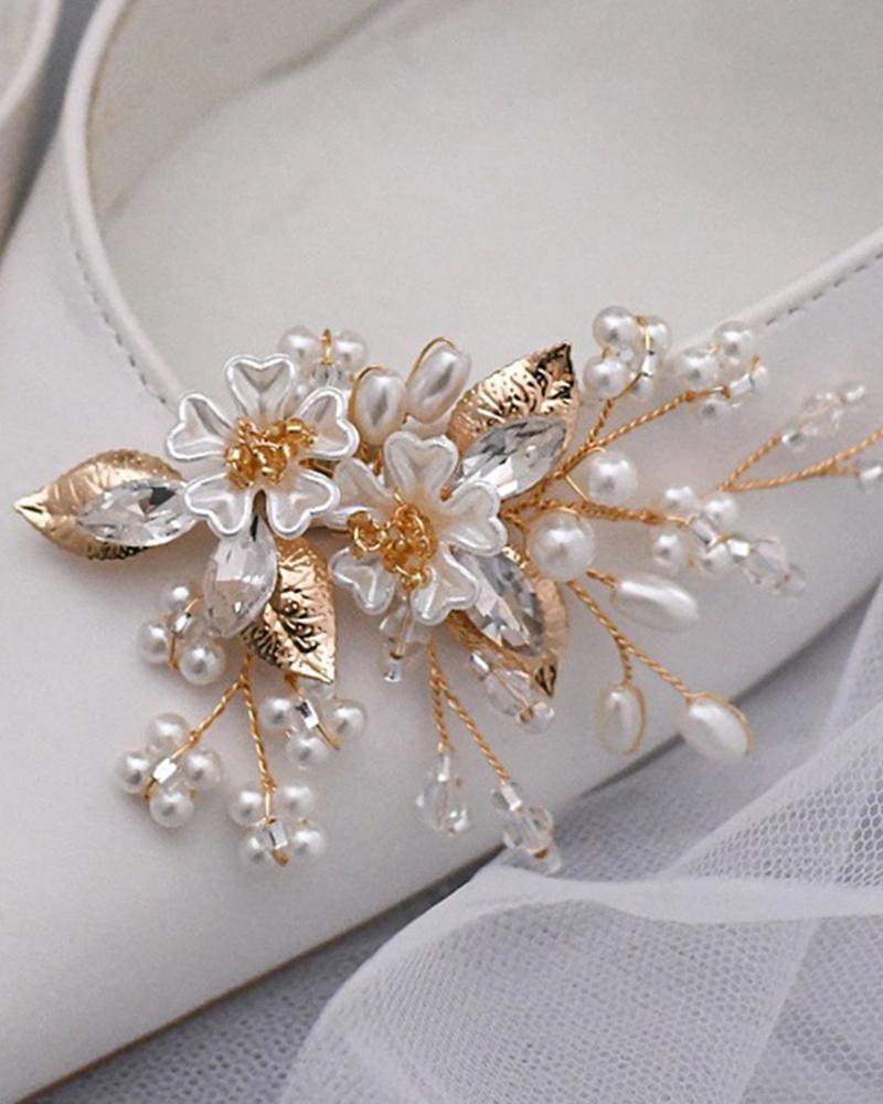 

1Pair Floral Leaf Pearls Beaded Shoes Clips Wedding Jewelry Decoration Shoe Buckles, White