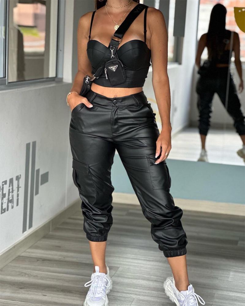 

High Waist PU Leather Cuffed Pants, Black