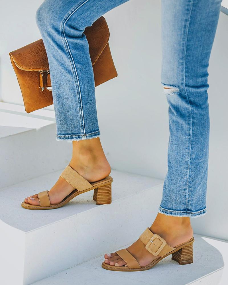 

Round-toe Solid Color Splicing Buckle Suede Leather Heel Sandals, Khaki