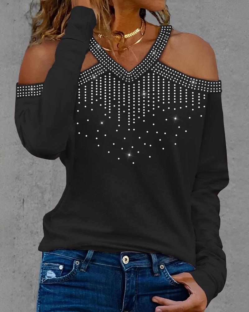 

Cold Shoulder Rhinestone Casual Top, Black