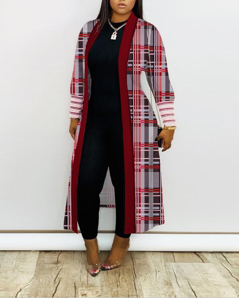 

Plaid Print Open Front Longline Coat, Red