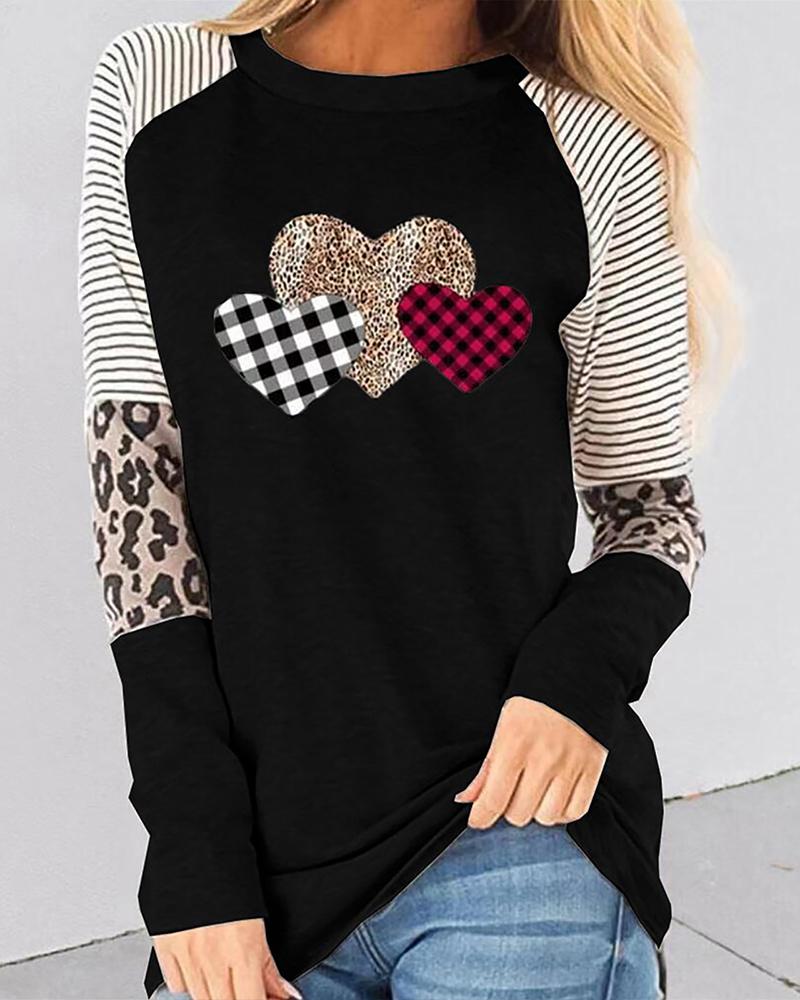 

Heart Print Splicing Striped Leopard Long Sleeve Blouse, Black
