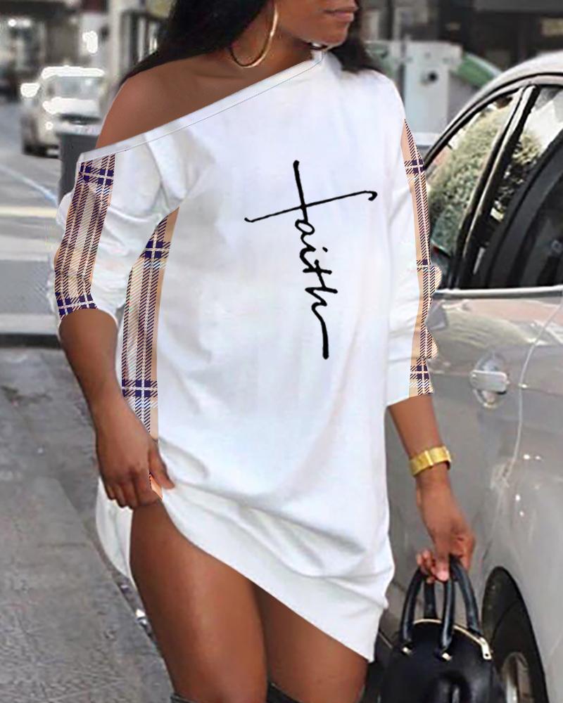 

Letter Plaid Print Long Sleeve Casual Dress, White