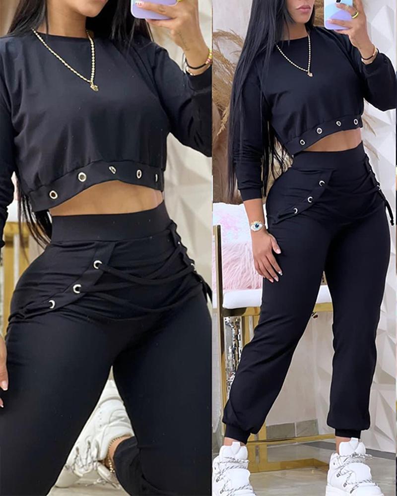 

Eyelet Sweatshirt & Lace-up Cuffed Sweatpants Set, Black