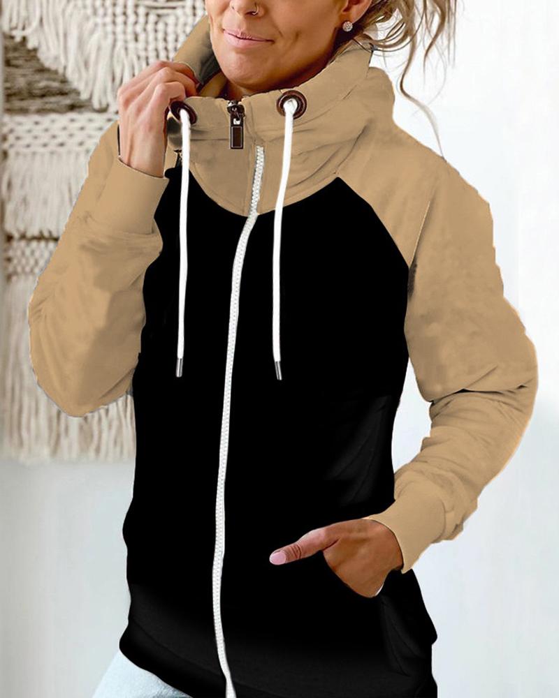 

Colorblock Zipper Pocket Design Lined Coat, Khaki