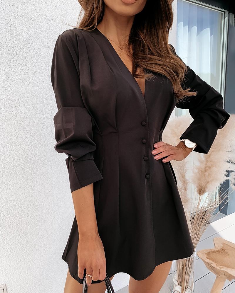 

Button Design Ruched Long Sleeve Dress, Black