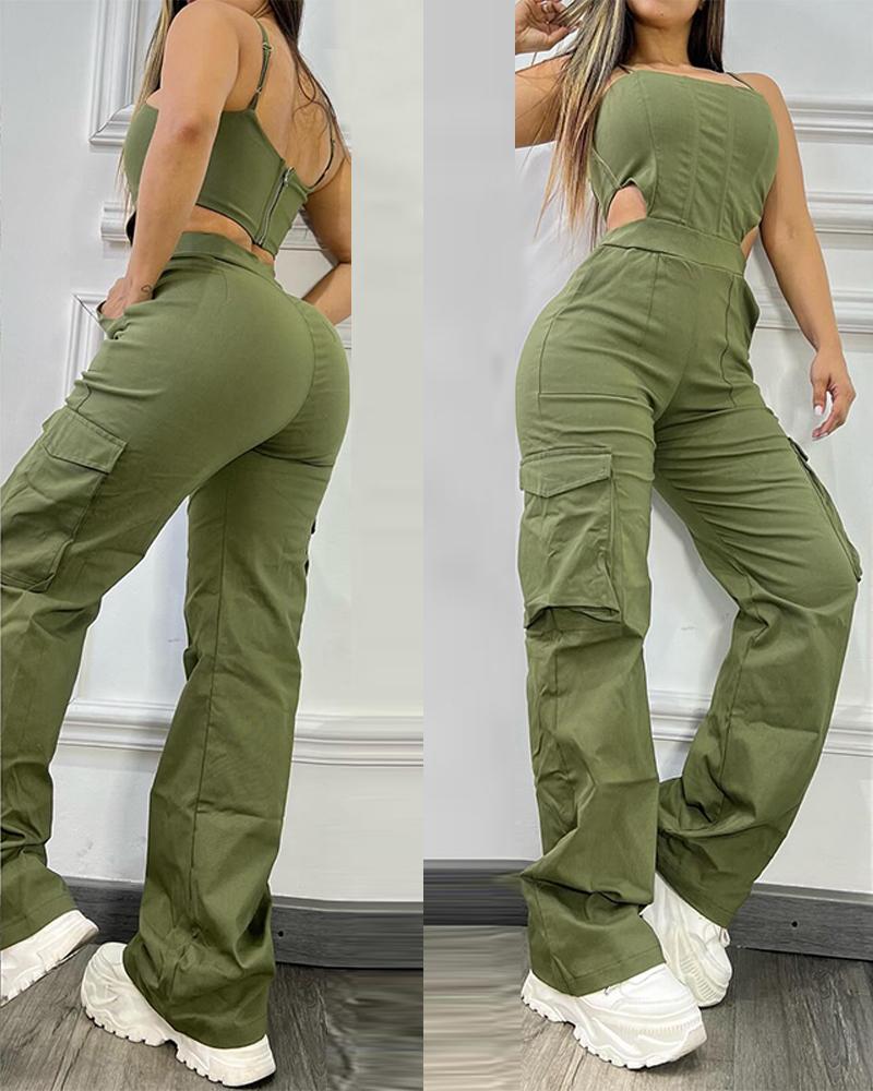 

Pocket Zipper Design Cutout Spaghetti Strap Jumpsuit, Green