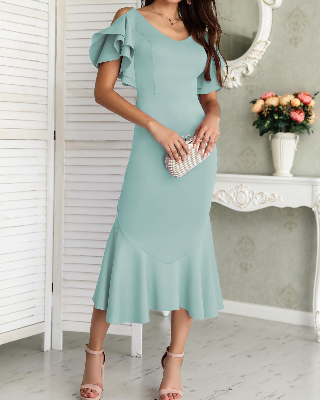 

Solid Ruffles Backless Fishtail Maxi Dress, Light green