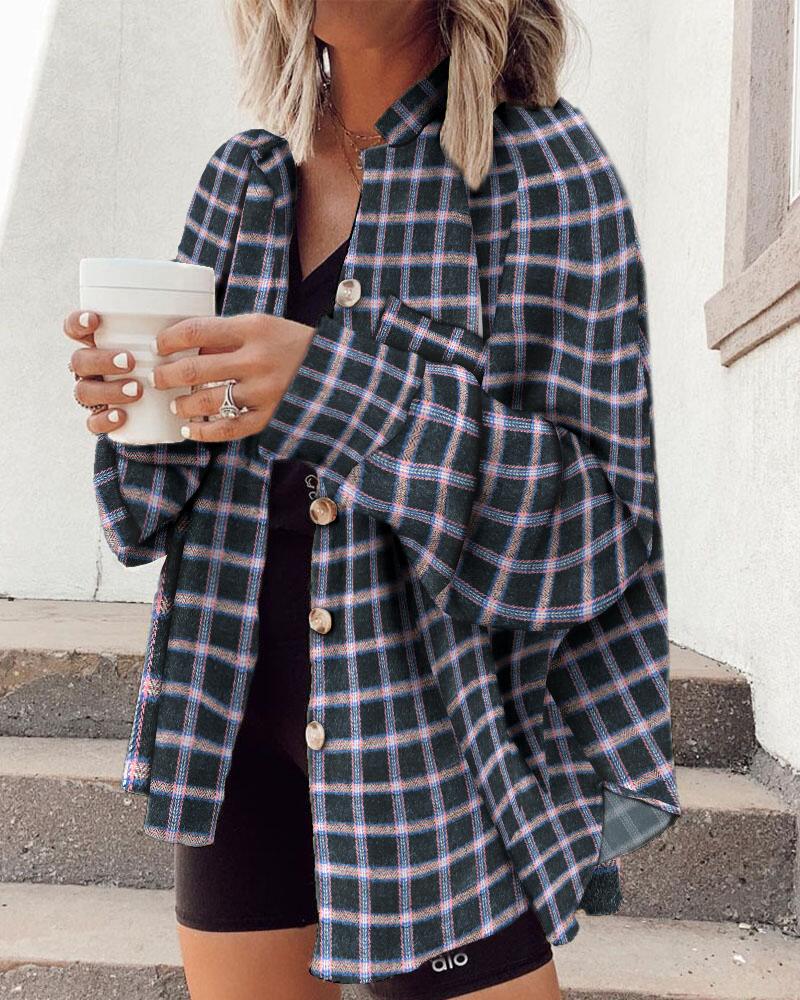 

Plaid Print Batwing Sleeve Button Front Pocket Shacket, Multicolor