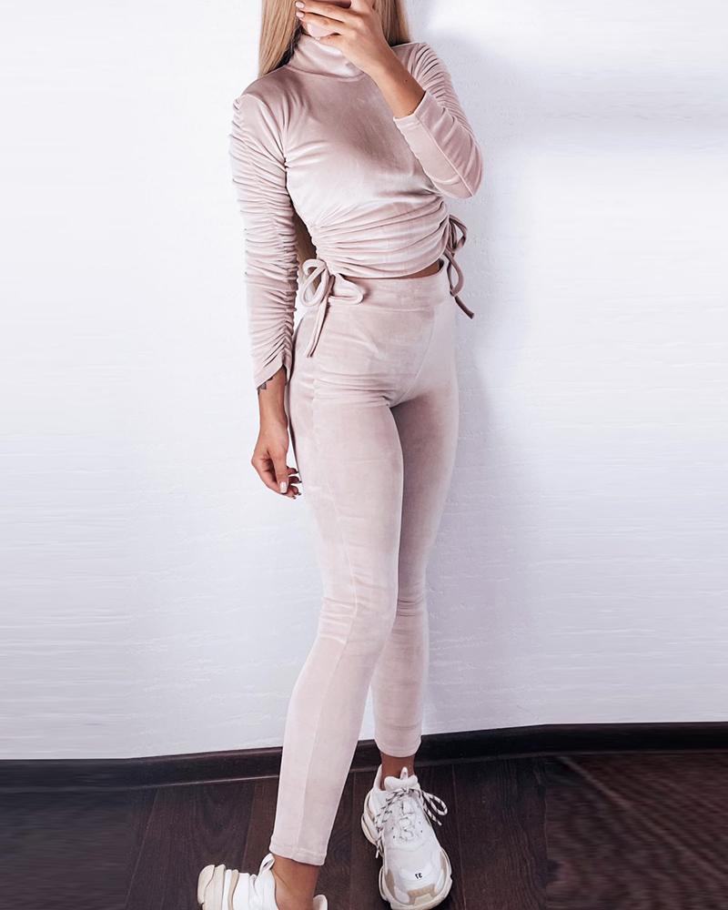 

Velvet High Neck Ruched Drawstring Top & Pants Set, Pink