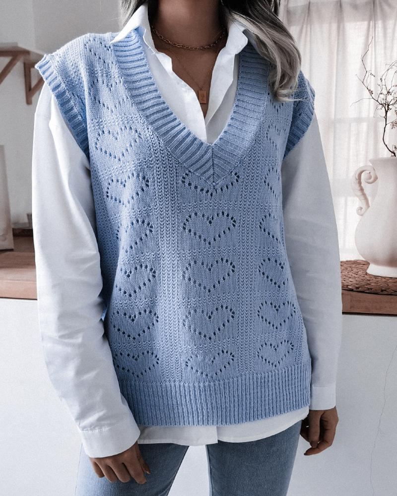 

Heart Shaped Hollow Out V-Neck Knit Sweater Vest, Blue