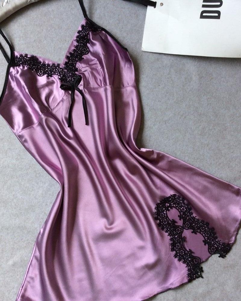 

Lace Trim Satin Sleepwear Cami Dress, Light purple