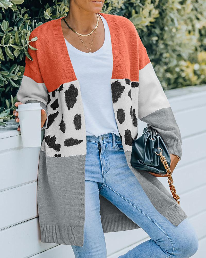 

Cheetah Pattern Colorblock Long Sleeve Knit Cardigan, Orange