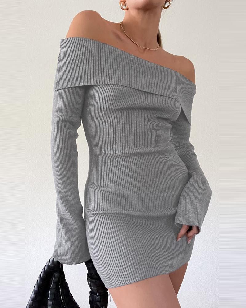 

Off Shoulder Long Sleeve Knit Bodycon Dress, Gray