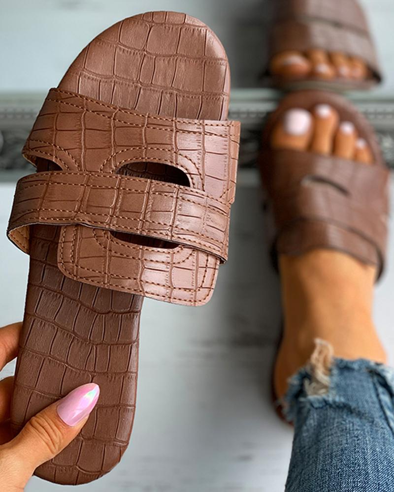 

Croc Embossed Cutout Flat Sandals, Brown