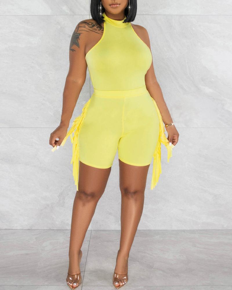 

Halter Sleeveless Tank Top & Tassel Design Shorts Set, Yellow