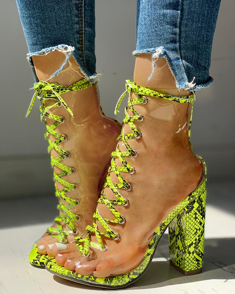 

Snakeskin Lace-Up Chunky Heeled Sandals, Green
