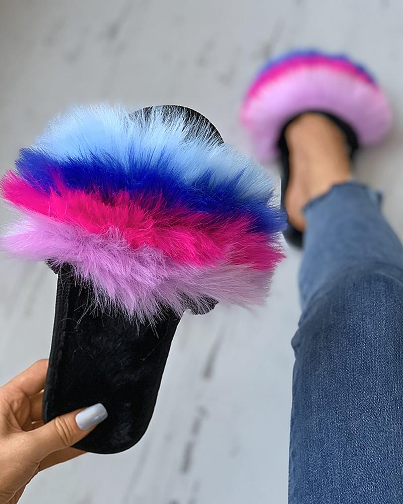 

Colorblock Fluffy Peep Toe Casual Slipper, Blue