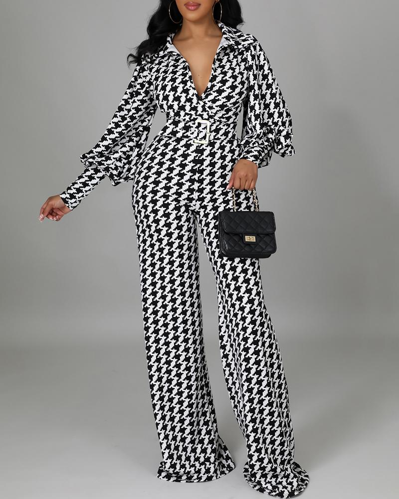 

Lantern Sleeve Houndstooth Print Wide Leg Jumpsuit, Black
