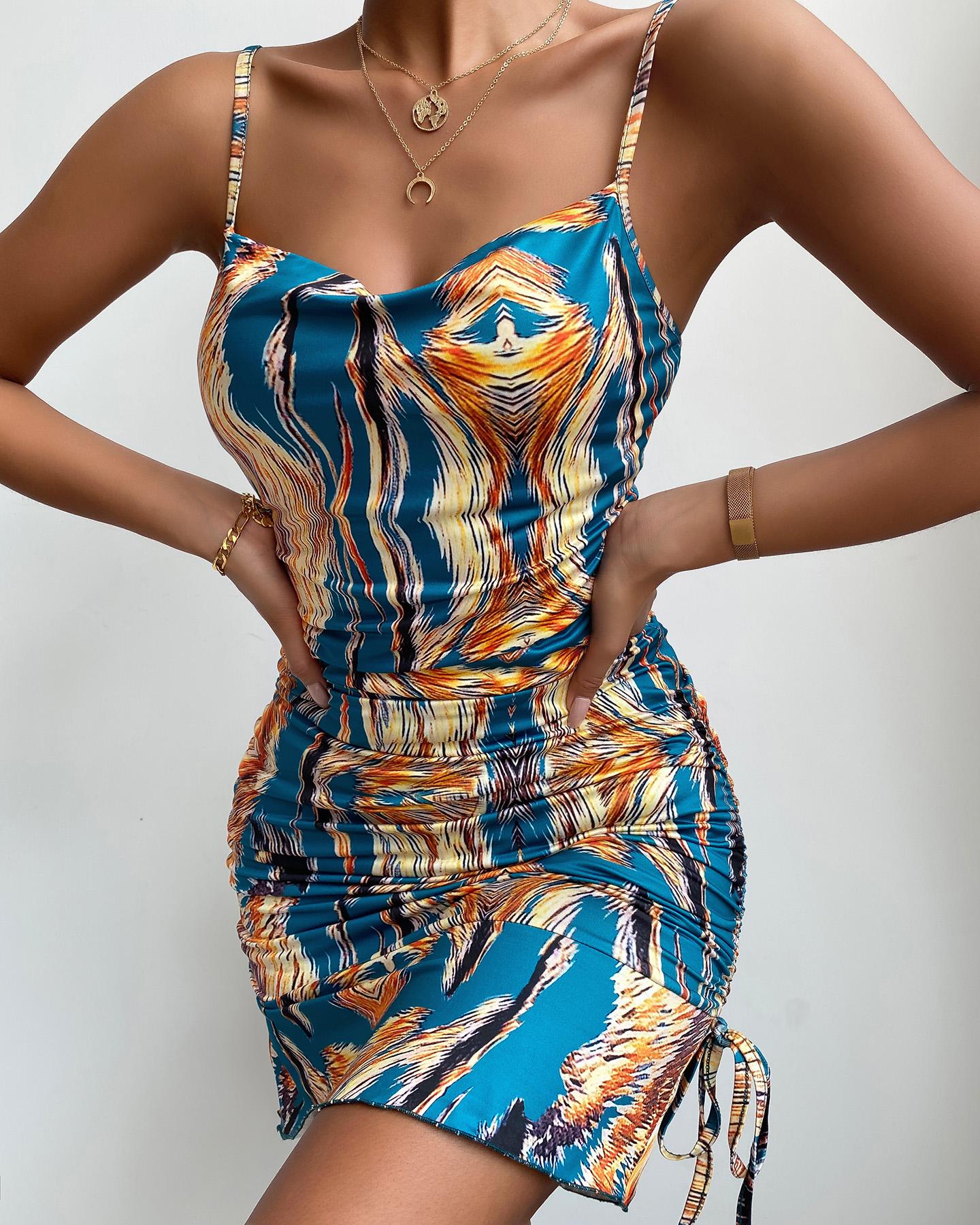 

Spaghetti Strap Colorblock Ruched Drawstring Bodycon Dress, Multicolor