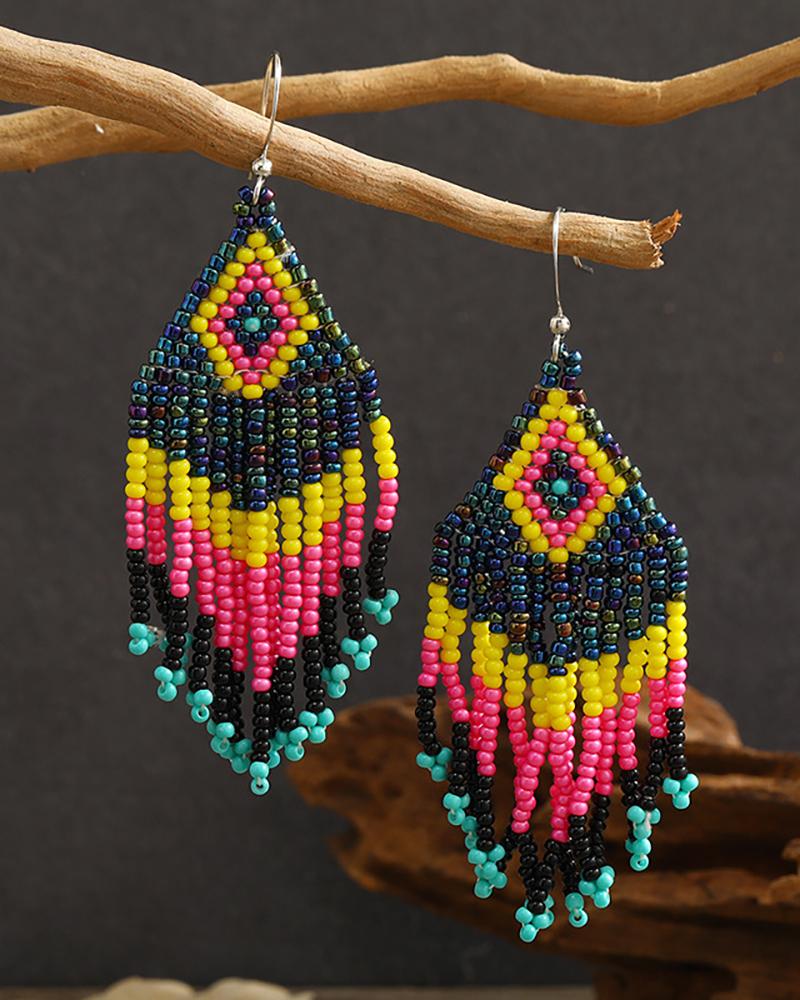 

1Pair Clan Colorful Beaded Geometric Pattern Hoop Earrings, Style1