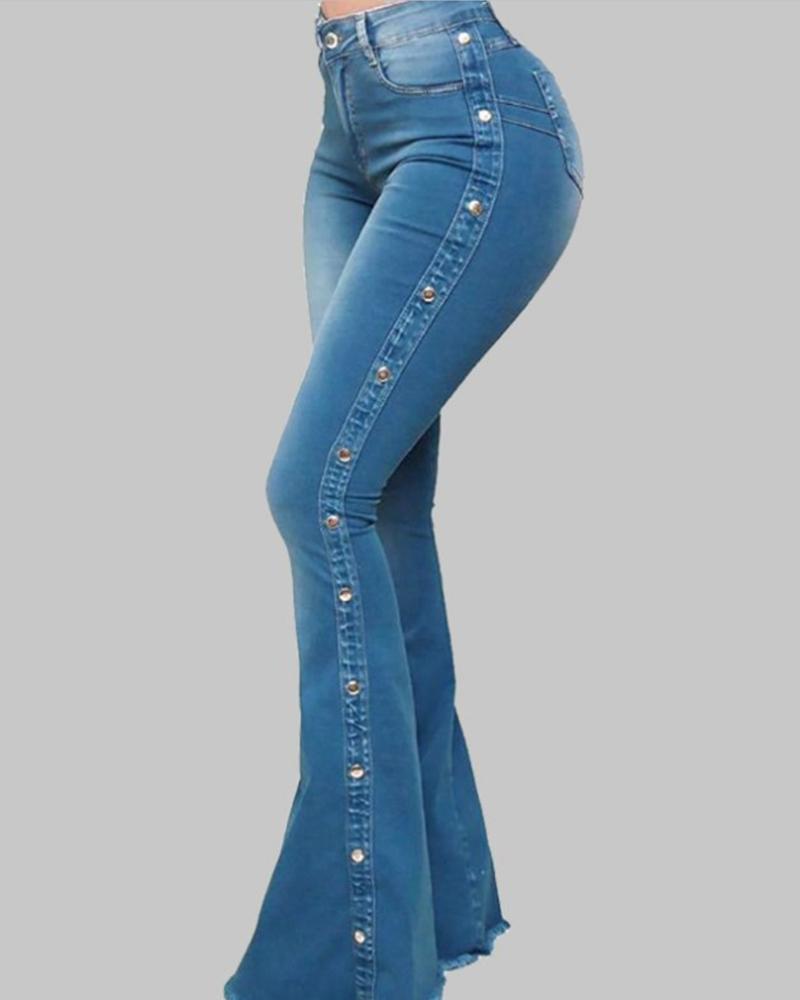 

Washed Beaded High Waist Zipper Fly Raw Hem Flared Leg Stretch Skinny Jeans, Blue