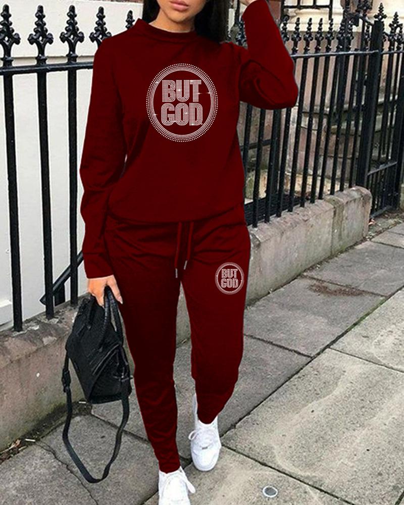 

Long Sleeve Rhinestone Letter Pattern Sweatshirt & Pants Set, Wine red