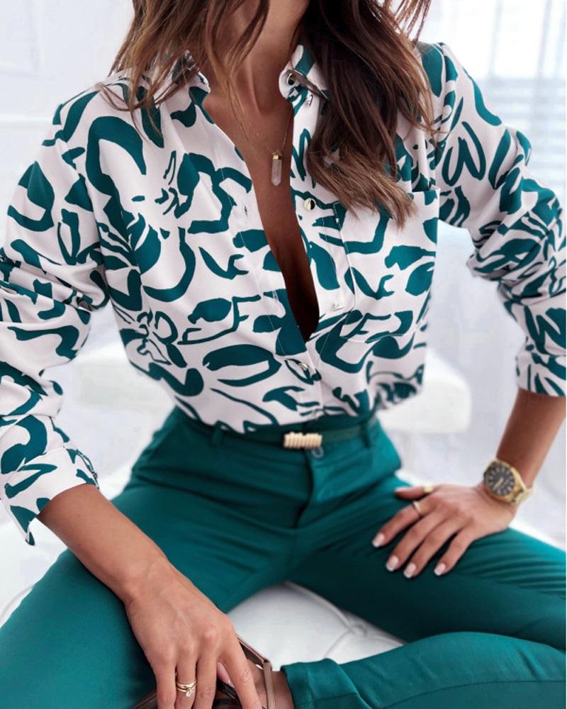 

Allover Print Long Sleeve Button Down Shirt, Green