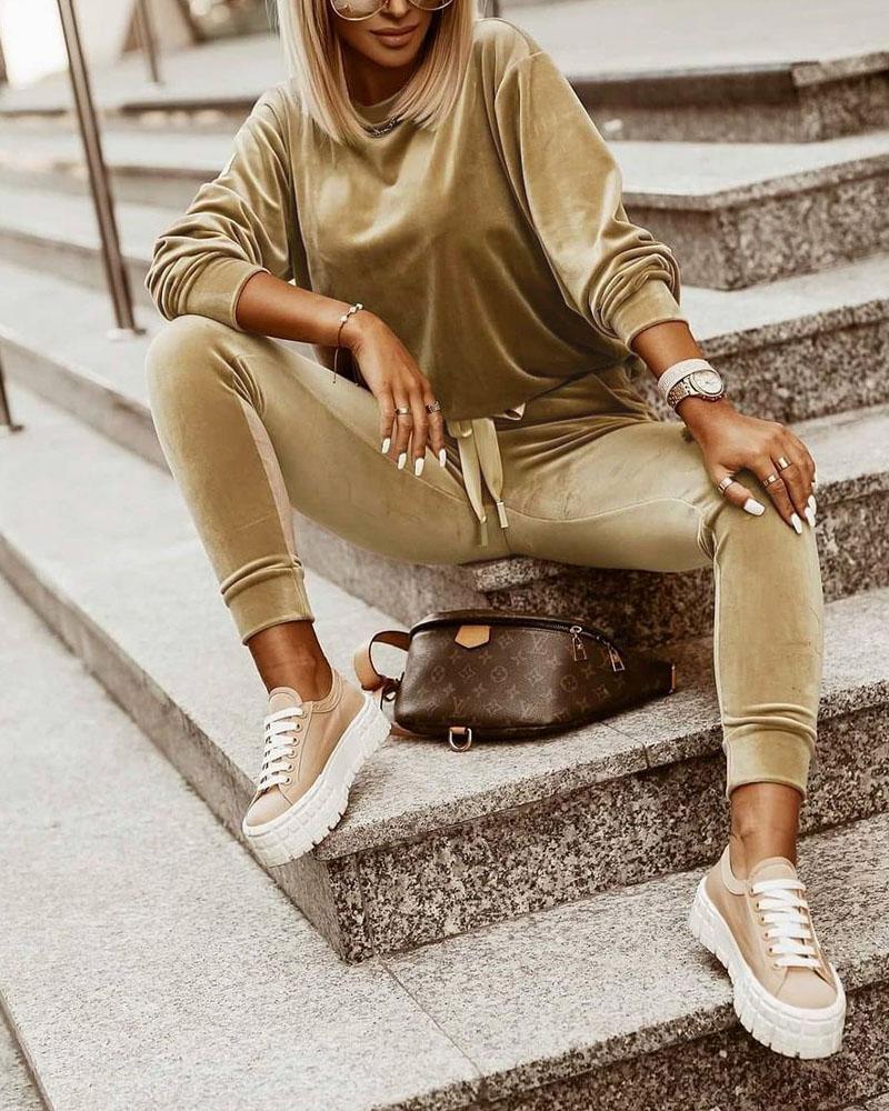

Velvet Long Sleeve Top & Drawstring Pants Set, Khaki