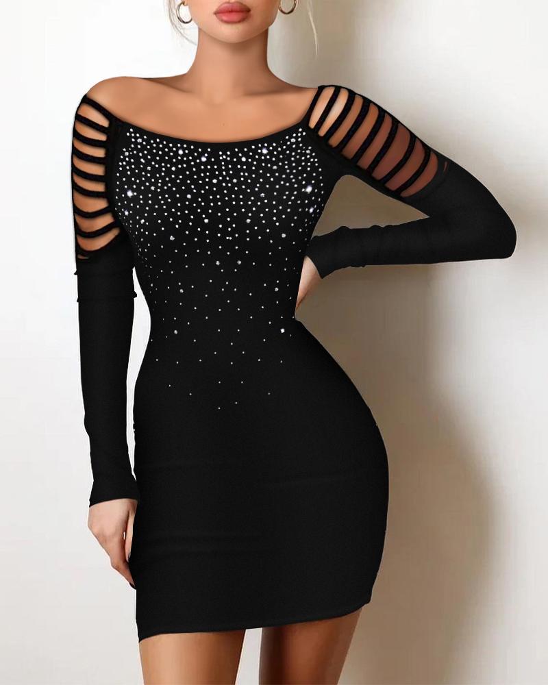 

Rhinestone Ladder Cutout Cold Shoulder Bodycon Dress, Black