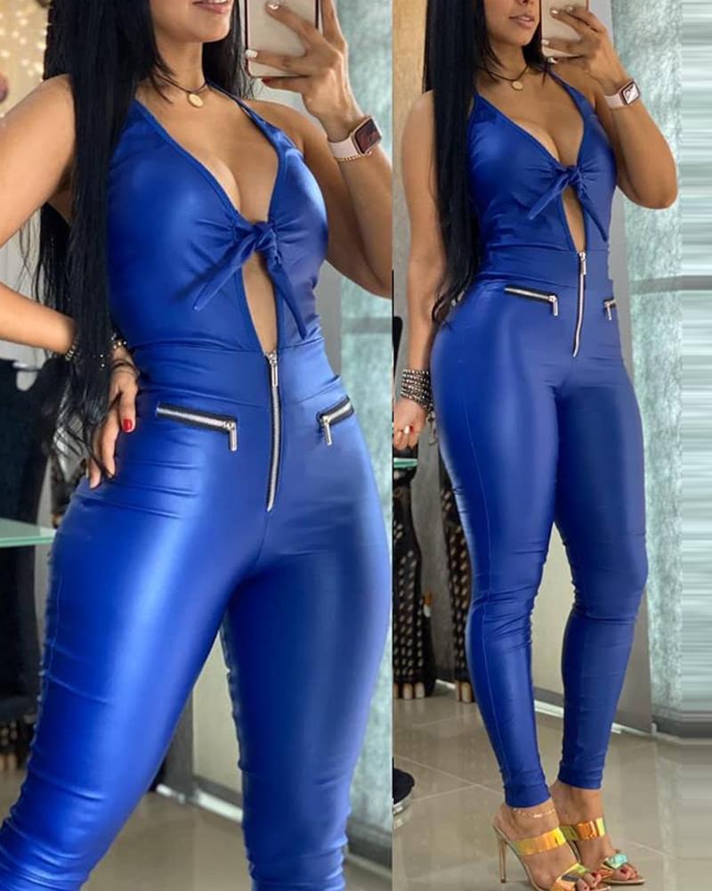 

Halter Knotted Zipper Design Leather PU Jumpsuit, Blue