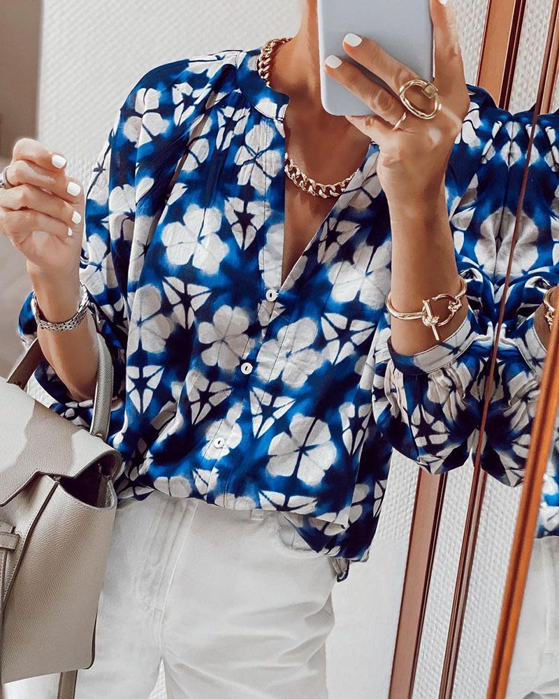 

Floral Print Lantern Sleeve Buttoned Top, Blue