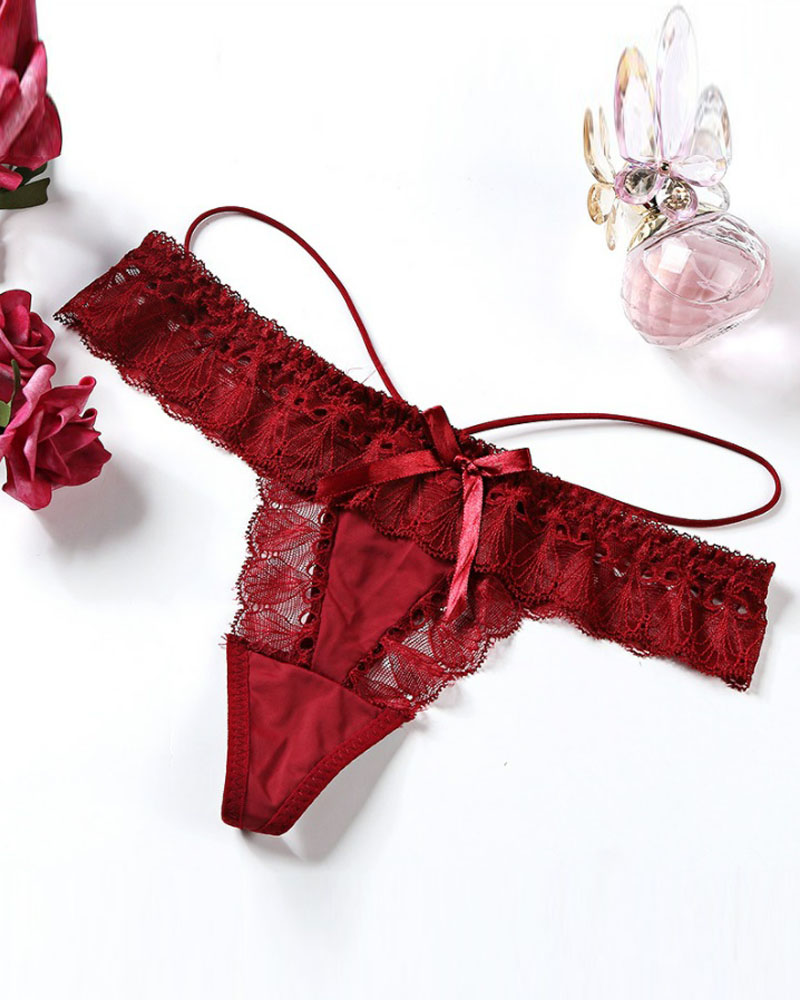 

Bowknot Decor Floral Lace Thong Panty, Wine red