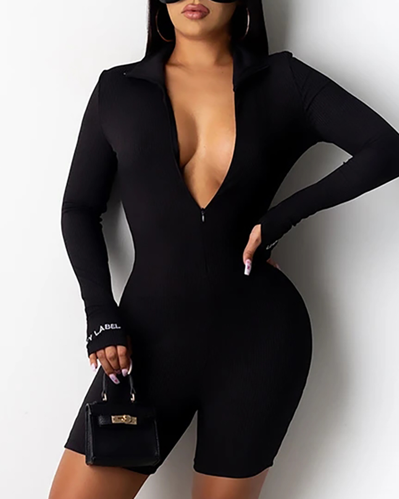 

Letter Embroidery High Neck Zip Front Ribbed Romper, Black