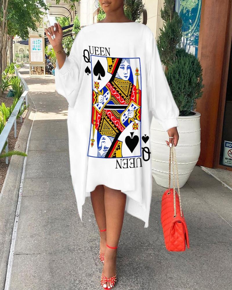 

Poker Print Long Sleeve Dip Hem Casual Dress, White