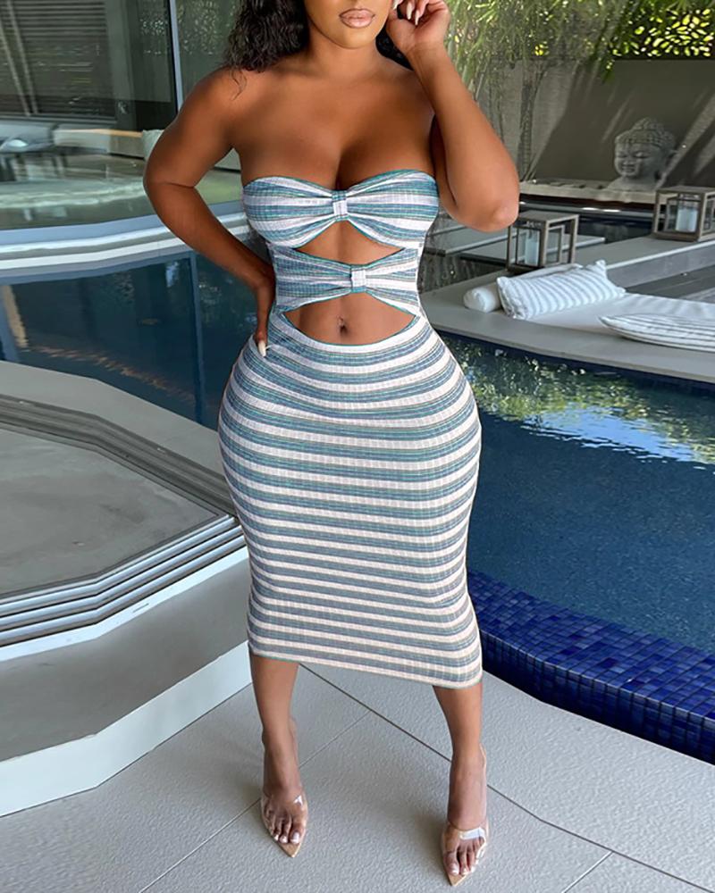 

Striped Print Cutout Bandeau Skinny Dress, Blue