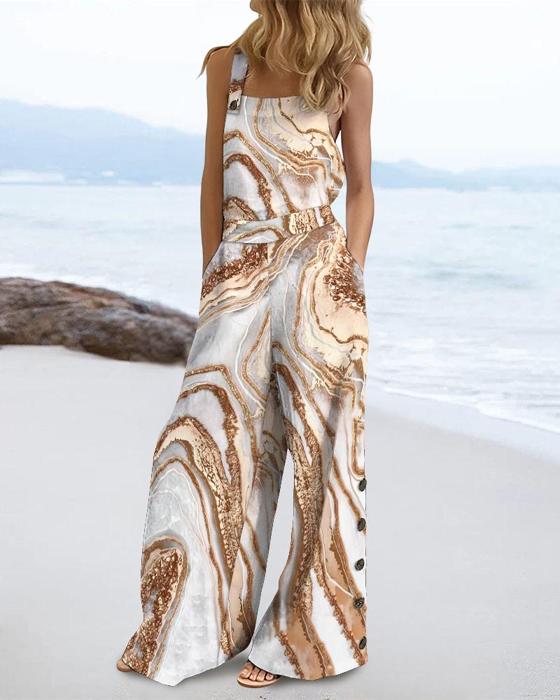 

Marble Print Wide Leg Suspender Jumpsuit, Apricot