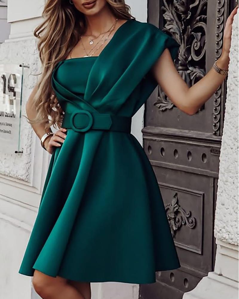 

One Shoulder Flared Party Dress With Belt, Green